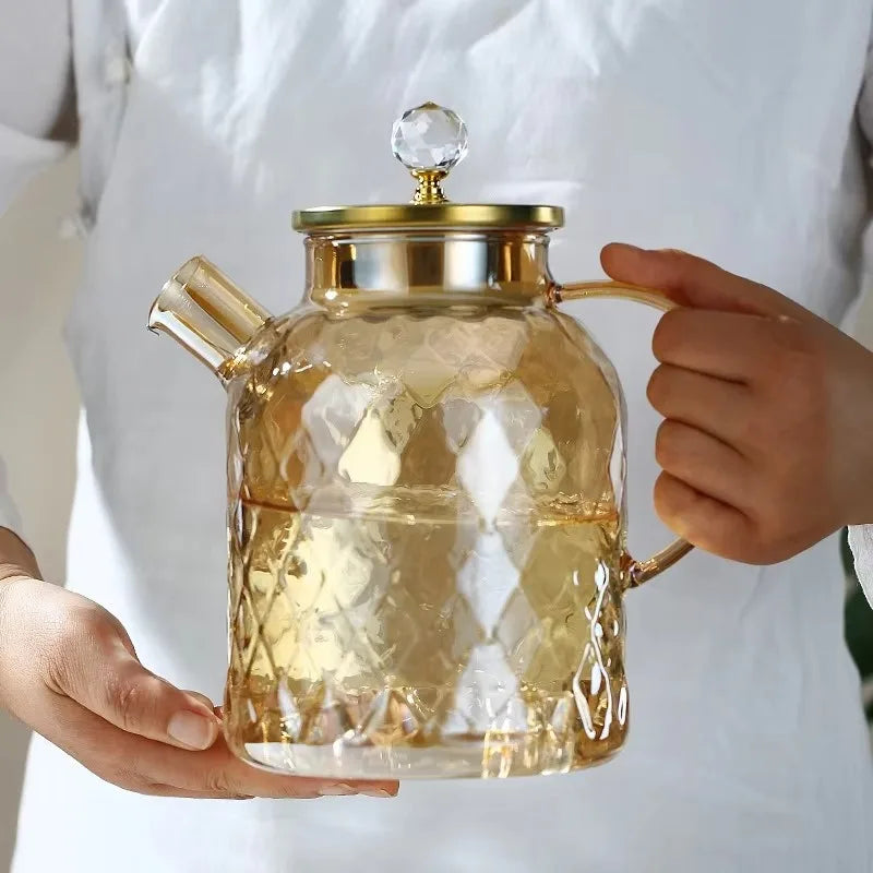 1/1.8L Tea Pot High Borosilicate Glass Cold Water Kettle with Lid and Filter Amber Heat Resistant Tea Maker for Blooming Tea