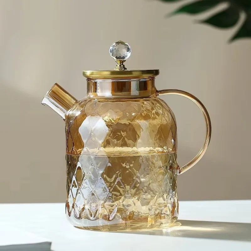 1/1.8L Tea Pot High Borosilicate Glass Cold Water Kettle with Lid and Filter Amber Heat Resistant Tea Maker for Blooming Tea