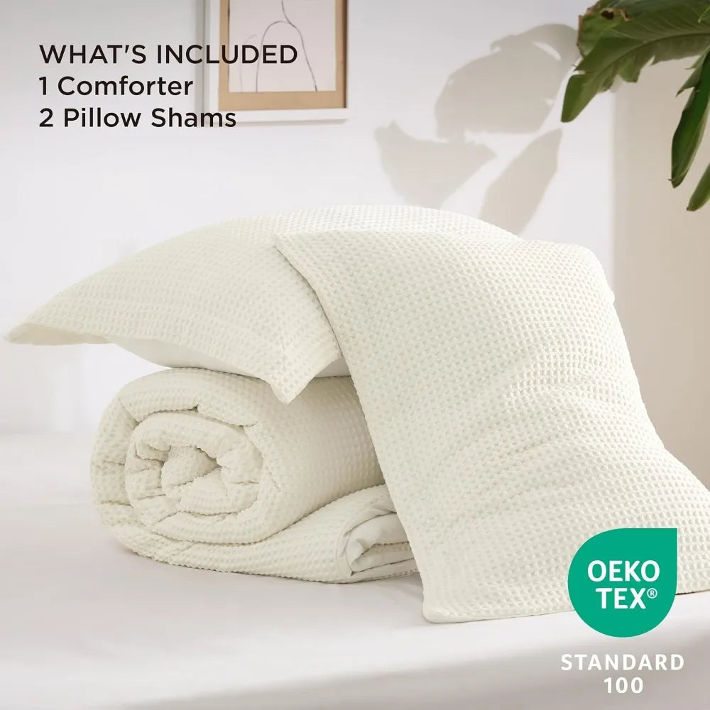 Soft and Breathable Coconut White Bedding Set, 3 Pieces, 1 Waffle Weave Comforterand 2 Pillow Shams, Comforters