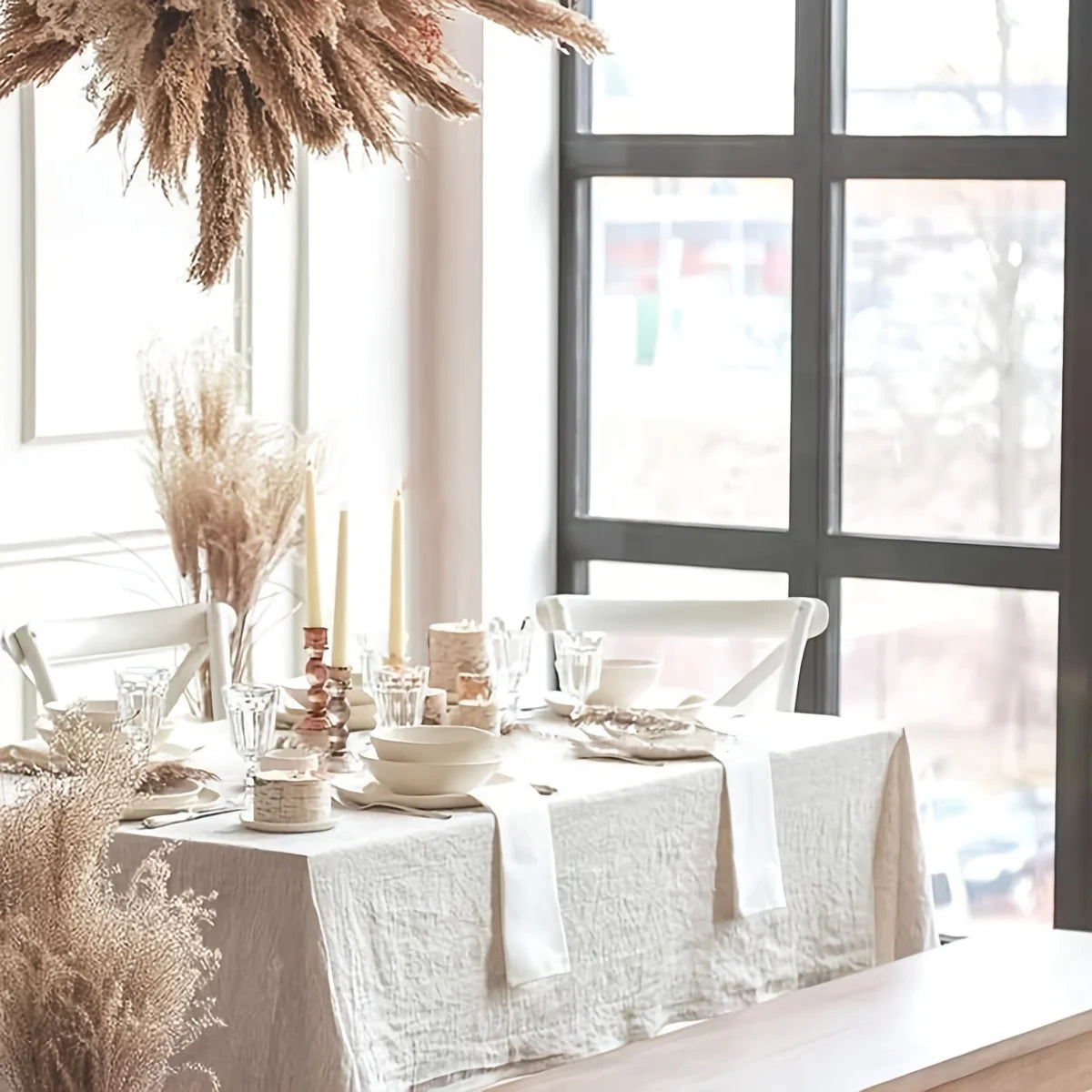 French Cream Style Soft Pleated Beige Tablecloth for Weddings Parties and Holiday Kitchens