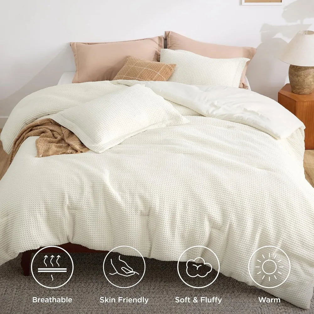 Soft and Breathable Coconut White Bedding Set, 3 Pieces, 1 Waffle Weave Comforterand 2 Pillow Shams, Comforters
