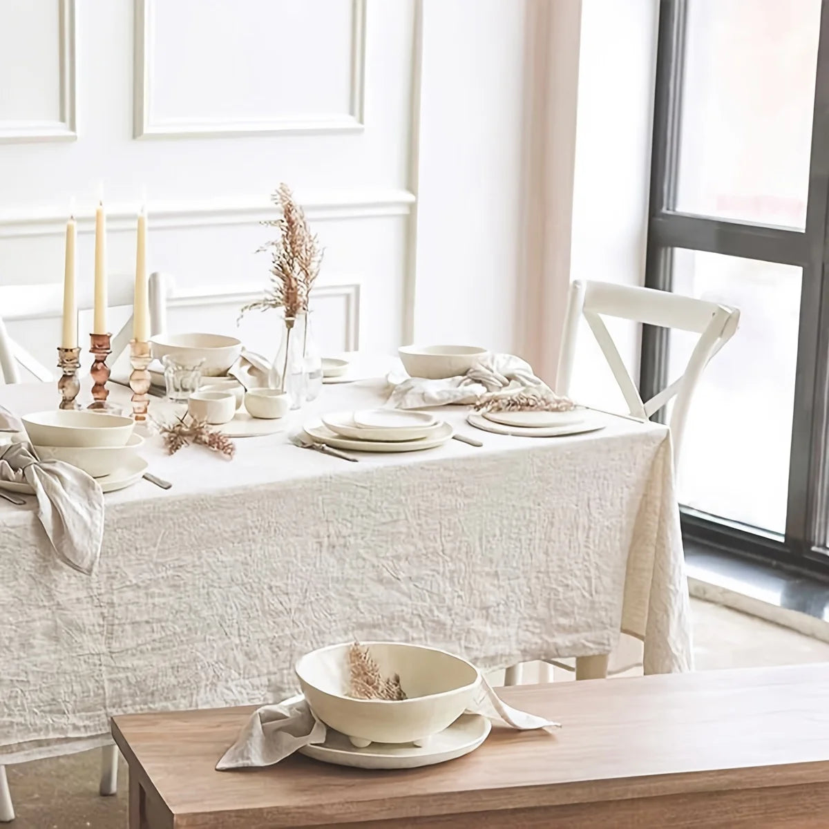 French Cream Style Soft Pleated Beige Tablecloth for Weddings Parties and Holiday Kitchens