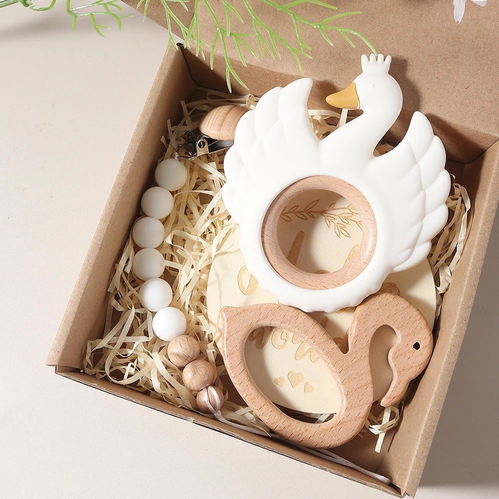 4pcs swan teether Baby bibs Gift Set With flamingo Teething Pacifier Chain Rattle New Born Baby photography props Set