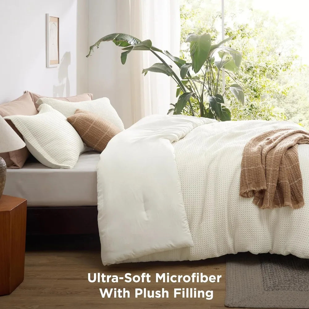 Soft and Breathable Coconut White Bedding Set, 3 Pieces, 1 Waffle Weave Comforterand 2 Pillow Shams, Comforters