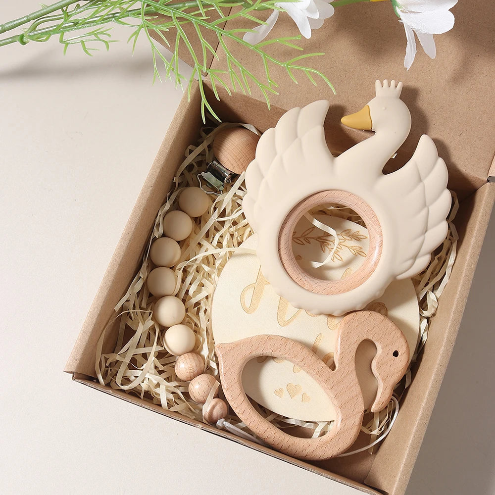 4pcs swan teether Baby bibs Gift Set With flamingo Teething Pacifier Chain Rattle New Born Baby photography props Set
