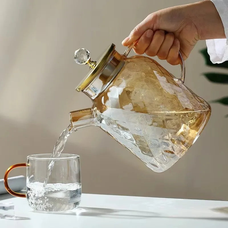 1/1.8L Tea Pot High Borosilicate Glass Cold Water Kettle with Lid and Filter Amber Heat Resistant Tea Maker for Blooming Tea