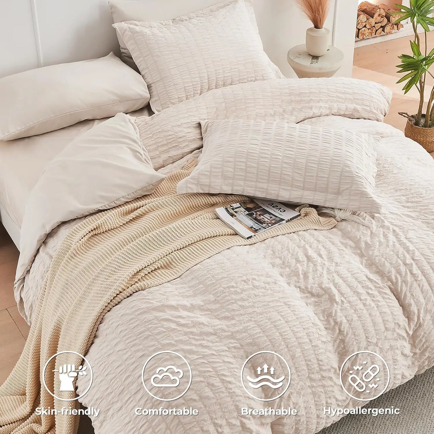 Beige Queen Comforter Set Seersucker 7 Pieces, All Season Luxury Bed in a Bag for Bedroom