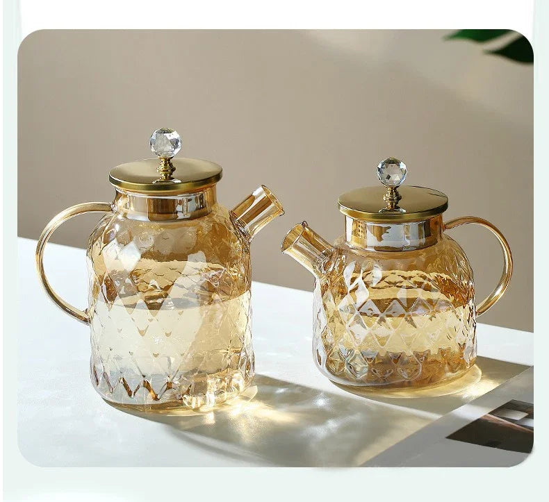 1/1.8L Tea Pot High Borosilicate Glass Cold Water Kettle with Lid and Filter Amber Heat Resistant Tea Maker for Blooming Tea