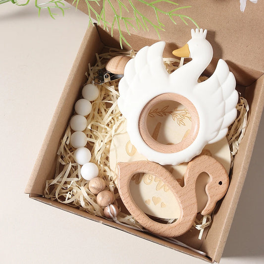 4pcs swan teether Baby bibs Gift Set With flamingo Teething Pacifier Chain Rattle New Born Baby photography props Set