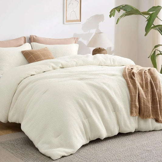 Soft and Breathable Coconut White Bedding Set, 3 Pieces, 1 Waffle Weave Comforterand 2 Pillow Shams, Comforters